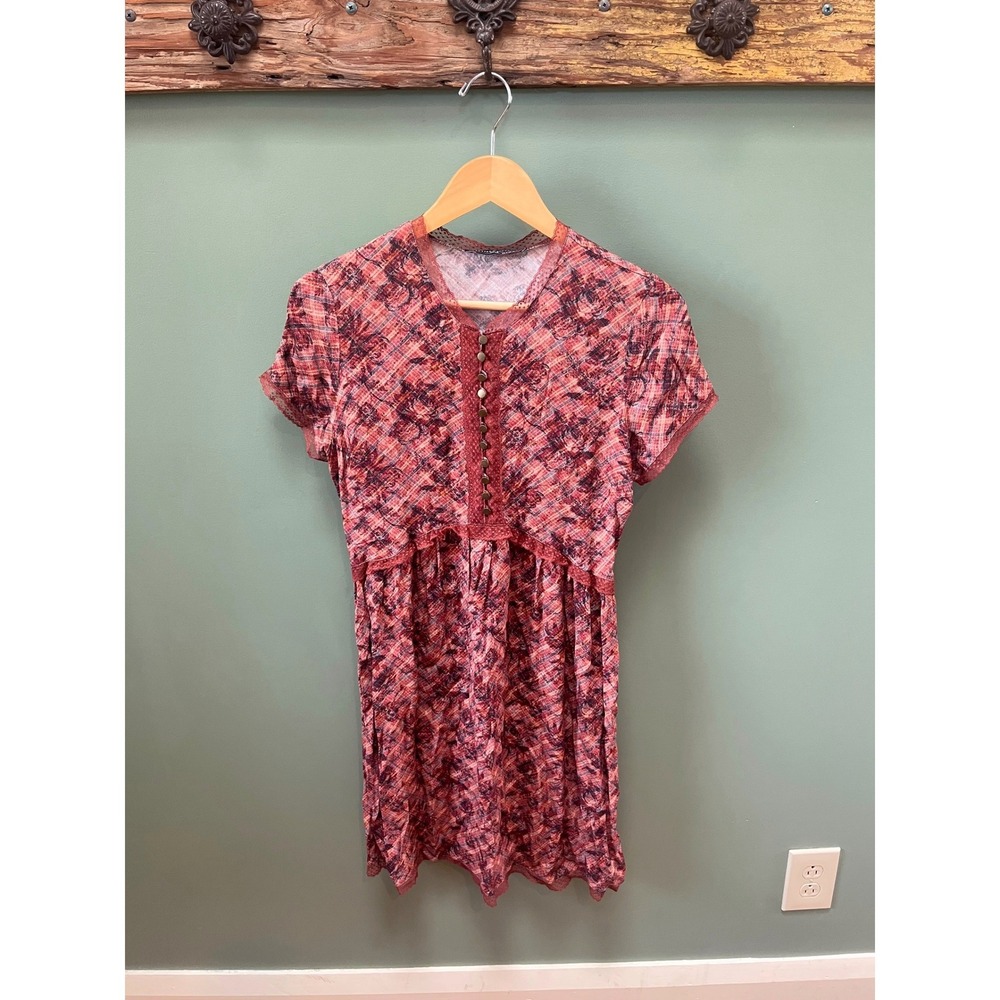 Peruvian Connection Women Rust Abstract Print Lace Trim Empire Waist Dress Sz. 6